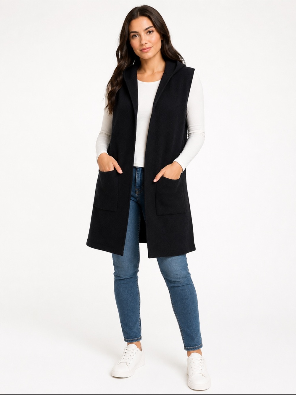 Luii Women’s Black Hooded Long Sweater Vest Open Front Lace-Up Sides XL